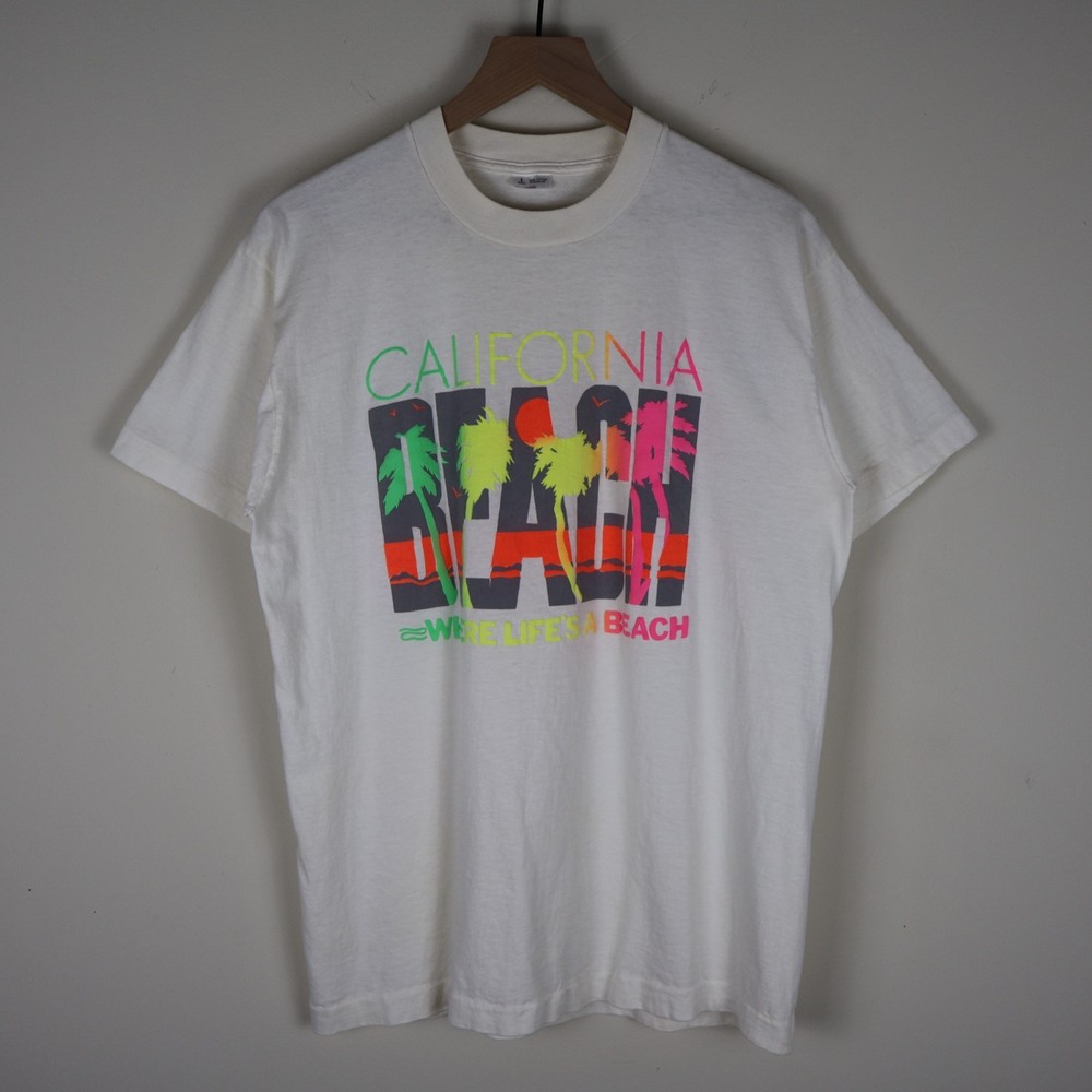 Vintage 90s California Beach Where Life’s a Beach Shirt Neon Large 20.5×28.5