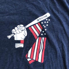 Routine Men Large Short Sleeve Shirt Blue Baseball Bat American Flag