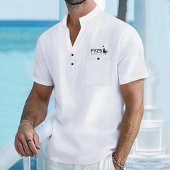 Men’s Cotton Linen Henley Shirt Breathable Summer Casual Fit Tee Tshirt Fun Gift