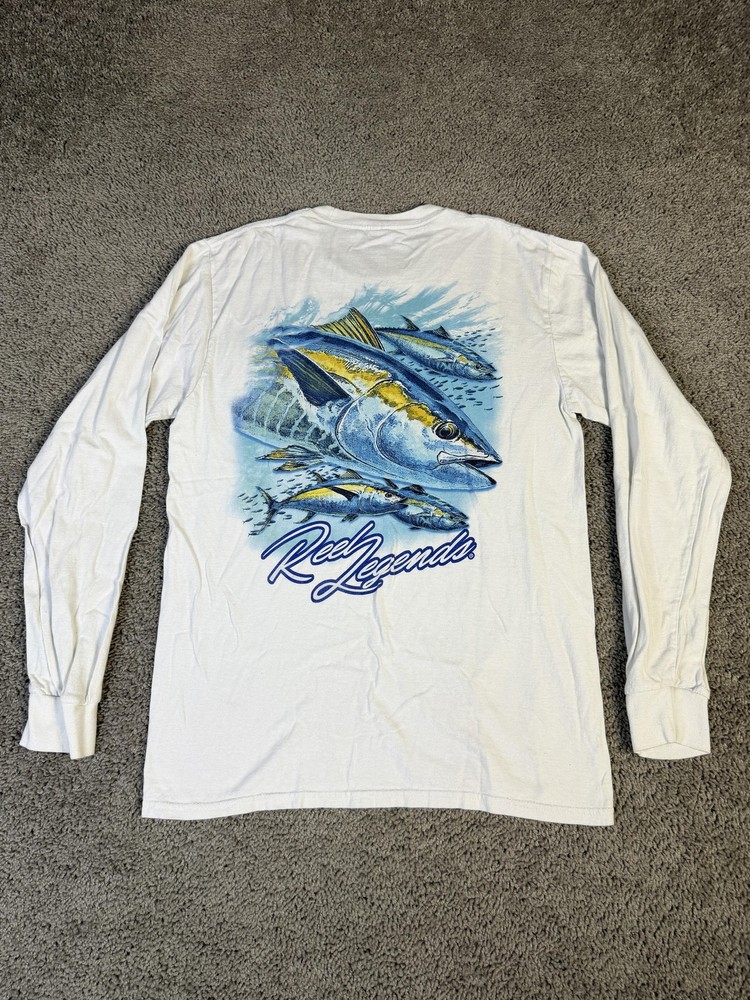 Reel Legends Shirt Mens Medium White Long Sleeve Graphic Tuna Fish Fishing Logo