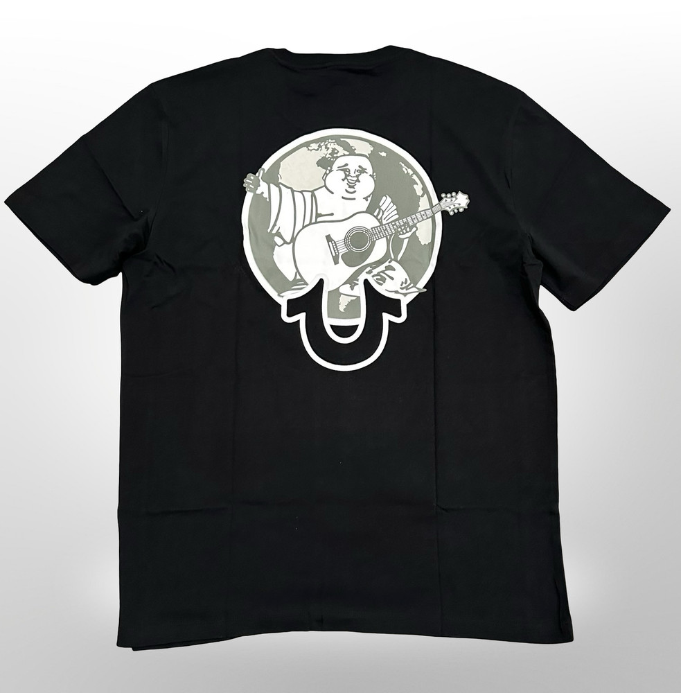 True Religion Shirt Mens XL Jet Black Buddha World Crew Tee Graphic Logo Cotton