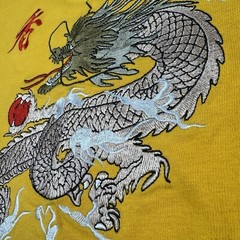 Hong Kong DRAGON Shirt Mens XL Stitched Chinese Character Yellow Embroidered Tee