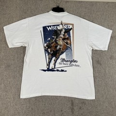 VTG 90’s Wrangler T-shirt XL? White Buck Stops Here USA (Stains)