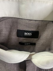 Hugo Boss Slim Fit Dress Shirt Brown Herringbone White Contrast Collar Cuffs 18