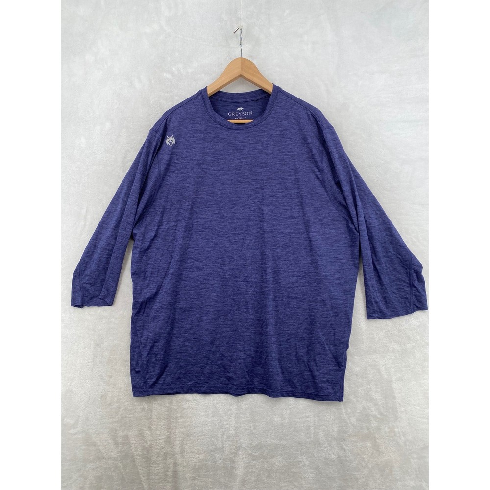 Greyson Performance Tee Mens XXL Indigo Blue Heathered Golf Wolf Logo 3/4 Sleeve