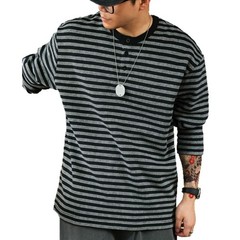 American Casual Striped Men Loose Retro Henry Collar Long-Sleeved T-Shirt Autumn