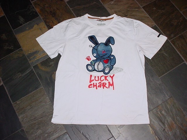 unworn BKYS Mens LUCKY CHARM PUNK embroidered applique Cot/Spanx shirt White LRG