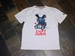 unworn BKYS Mens LUCKY CHARM PUNK embroidered applique Cot/Spanx shirt White LRG