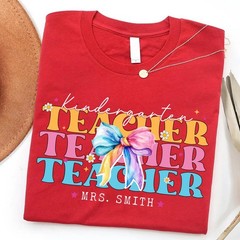Personalized Kindergarten Teacher Shirt Custom Name Bow Back to School Gift Tee