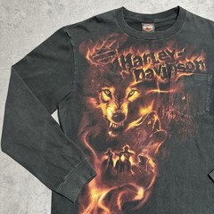 Vintage Harley Davidson Shirt Large Black Wolves Flames Y2K Rapid City