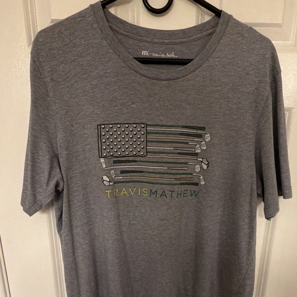 TravisMathew Men’s Gray Flag Graphic Logo Knit Crew Neck T-Shirt Size L
