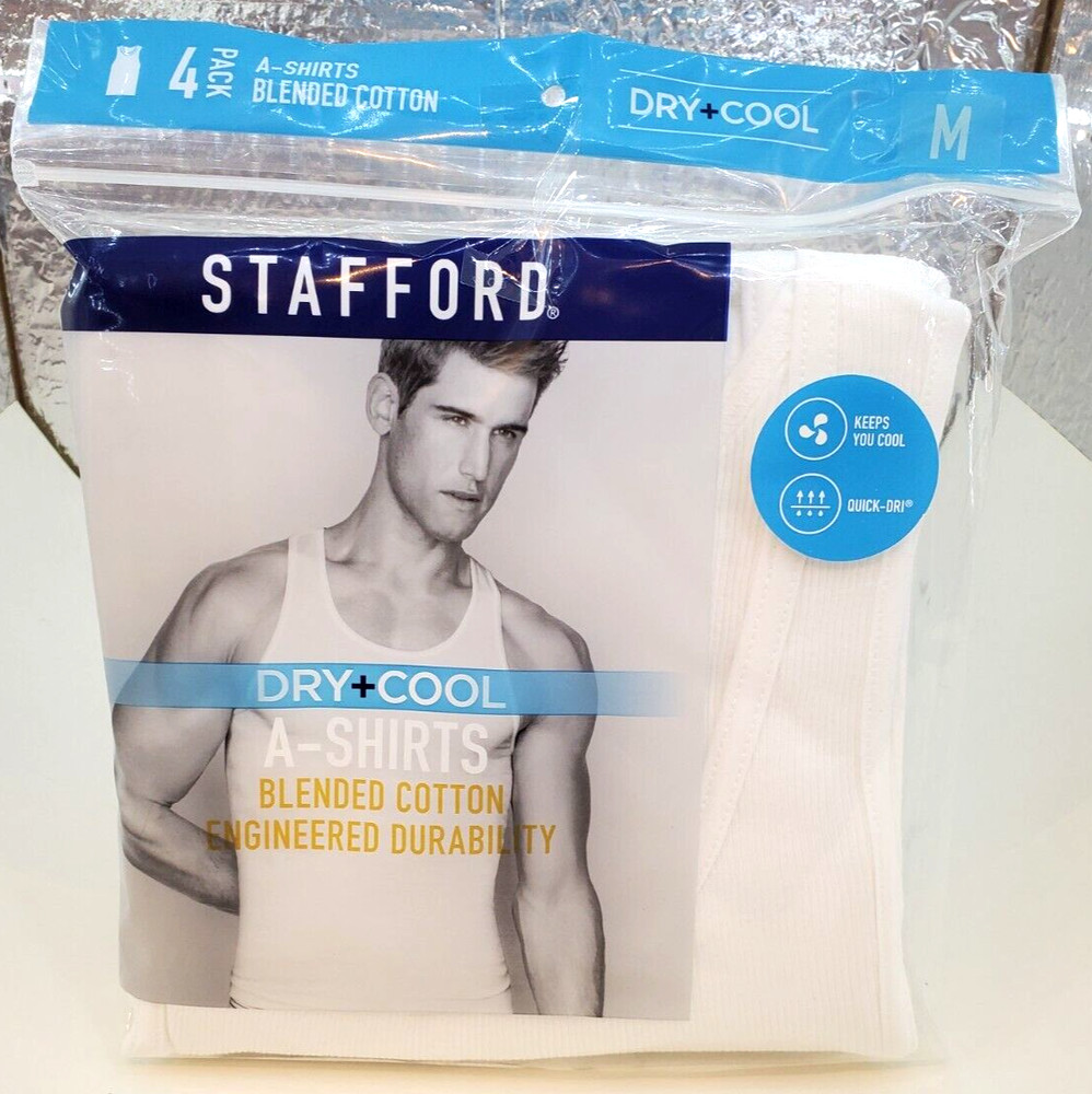 Stafford Dry+Cool 100% Blended Cotton A-Shirts Ribbed Tank Top 4 Pack Medium