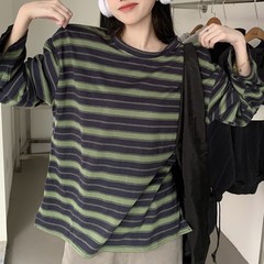Korean Fashion Women’s Loose Striped Blouse Long Sleeve Crew Neck Streetwear