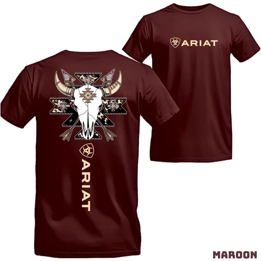 Ariat T-shirt – Bold Design Featuring A Cowboy-style Bull Skull With Intricate