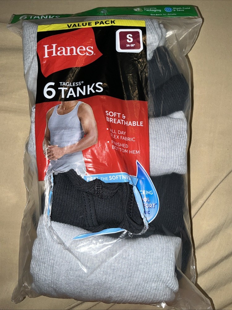 Hanes Mens 6 PK Ribbed Moisture-Wicking Tank Tops Gray Black Undershirts Sz S
