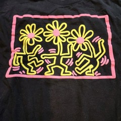 Keith Haring Dancing Flowers T-Shirt Mens XL Black Pink Yellow Pop Art 2 Sided