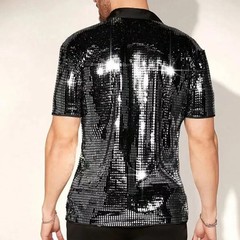 Men’s Silver Metallic Sequins Glitter Shirt Summer Breathable Sparkling Short Sl
