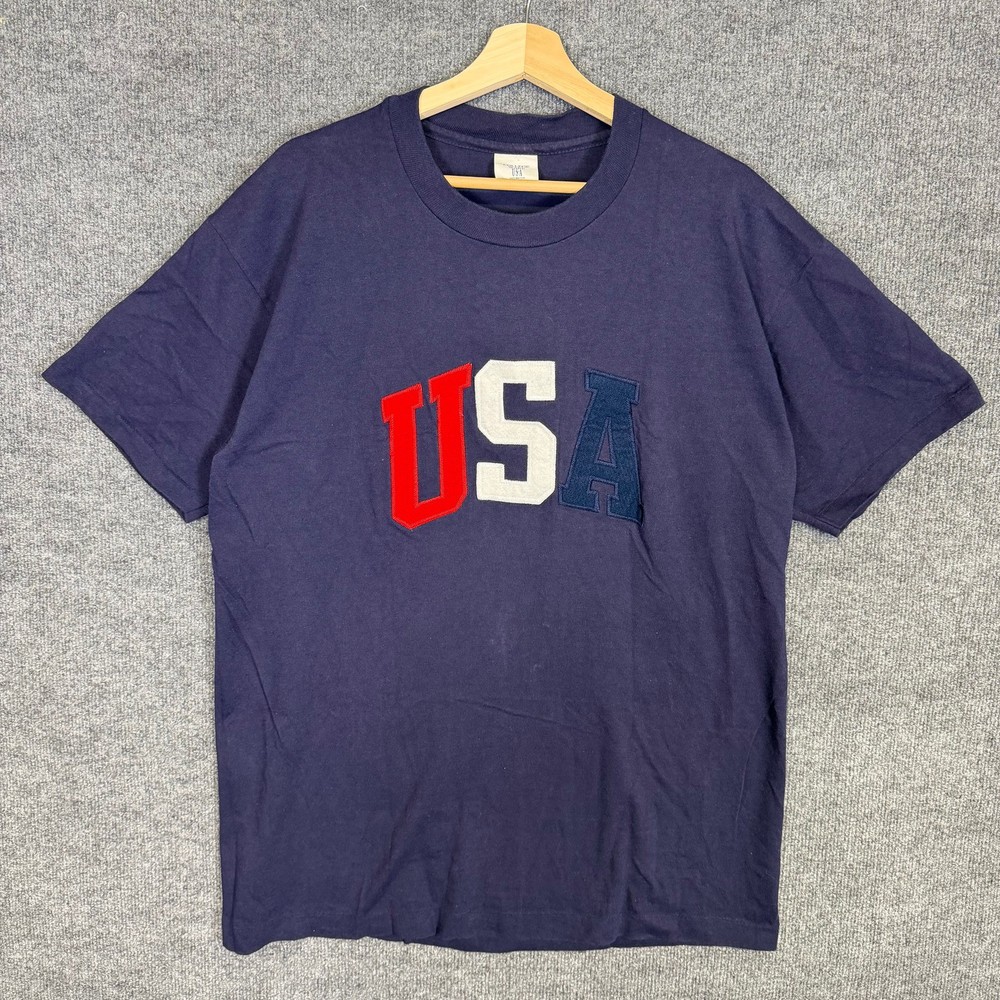 College Ware Vintage USA Patch T-Shirt Men’s XL Single Stitch Blue USA