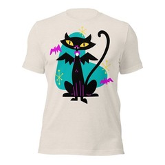 Vampire Black Cat w/ Bat Wings Unisex T-Shirt Retro Atomic Age Mid Century Cool