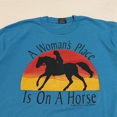 Vintage A Woman’s Place On A Horse Shirt Mens Large Blue Fruit Of The Loom 90s