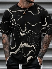 Men’s Round Neck Tee, Black White Marble Swirl Print, Casual Street Short Sleeve