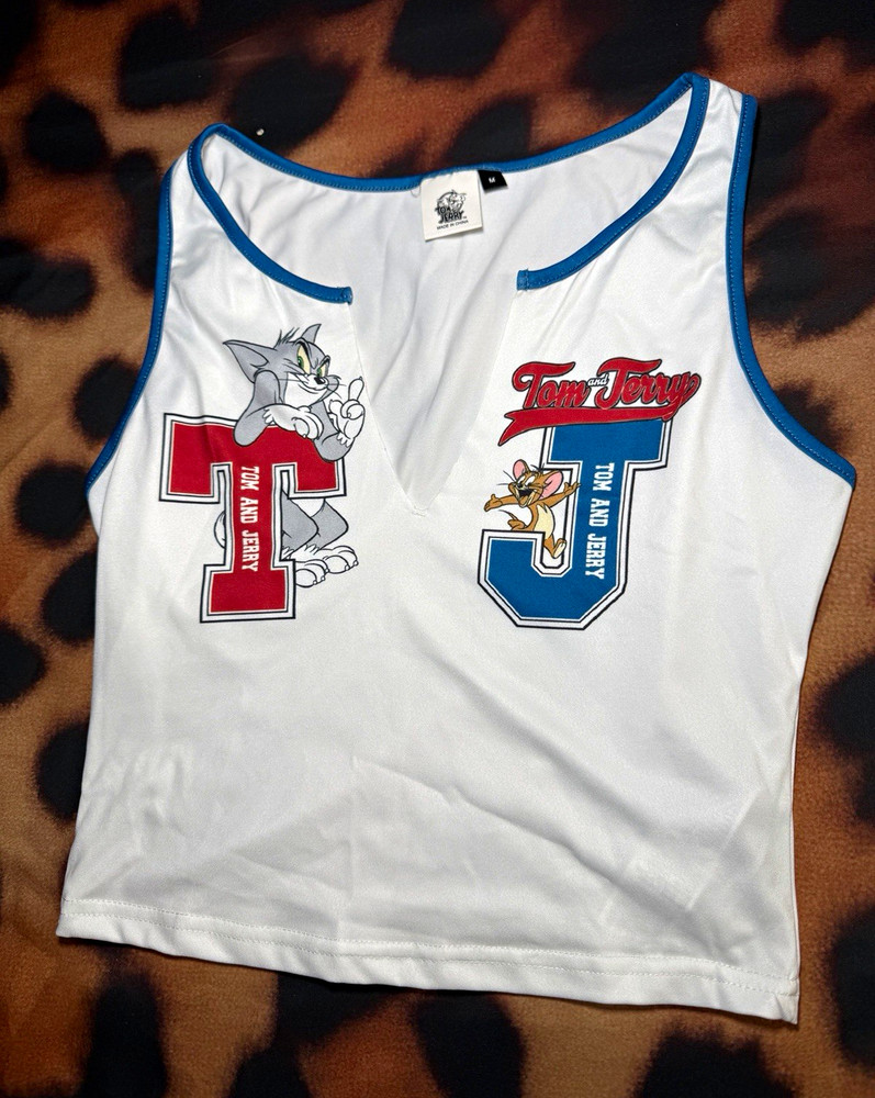 Tom and Jerry Unisex M White Graphic Print V-Neck Sleeveless T-Shirt