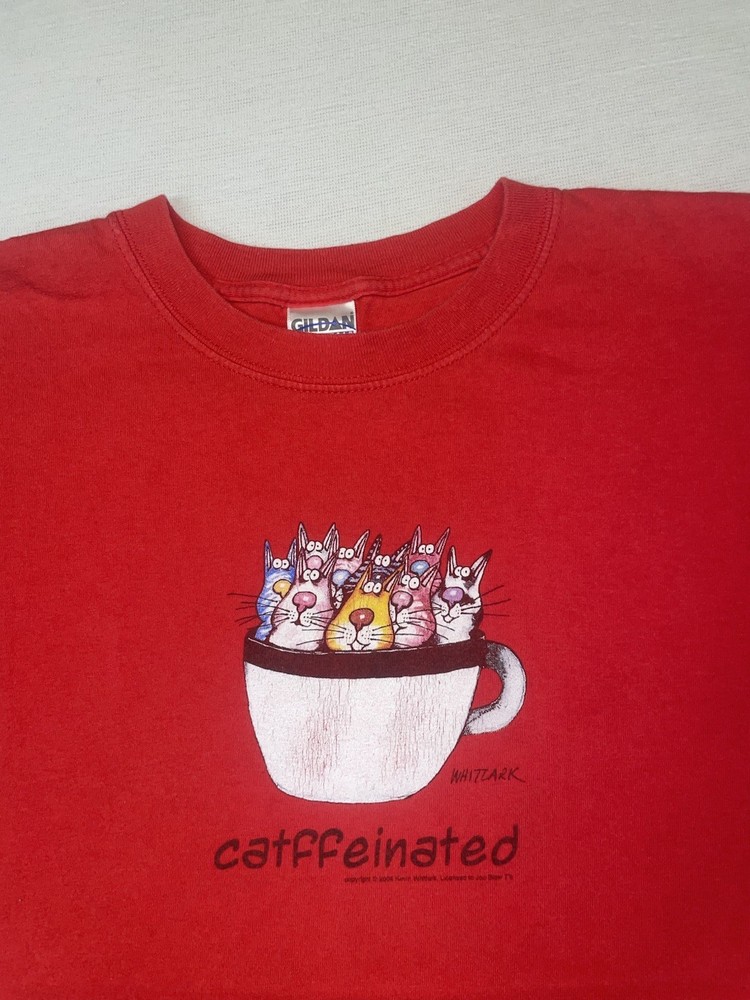 Vintage Cat T-shirt Kevin Whitlark Caffeine Catffeinated Cartoon Comic Kilban L