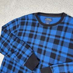 Polo Ralph Lauren Sweater Mens Medium Blue Black Plaid Waffle Knit Preppy