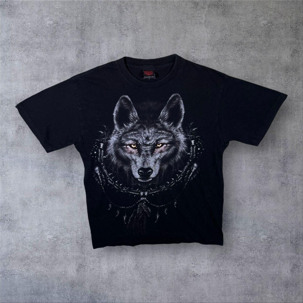 Spiral Direct Goth Wolf Dreamcatcher Moon Graphic Black T-Shirt Large