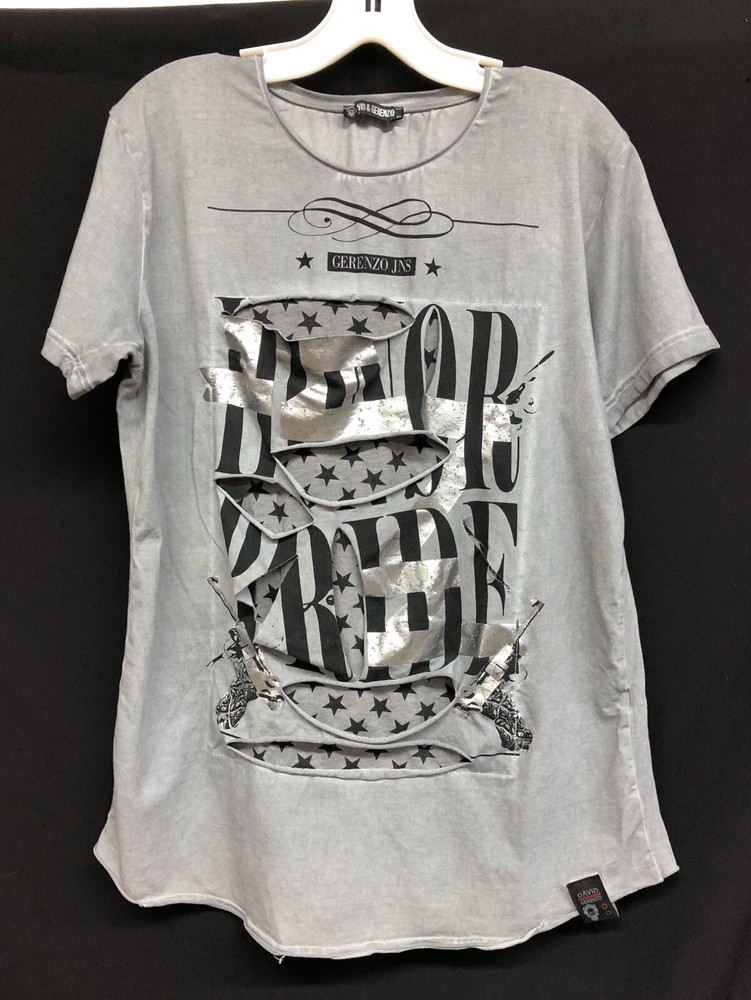 DAVID & GERENZO Sz XL Ripped & Torn Gray Foil Short Sleeve Mens T Shirt Tee