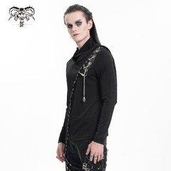 Devil Fashion Men Black Gothic Punk Chain Asymmetric Fitted Long Sleeve T-Shirt