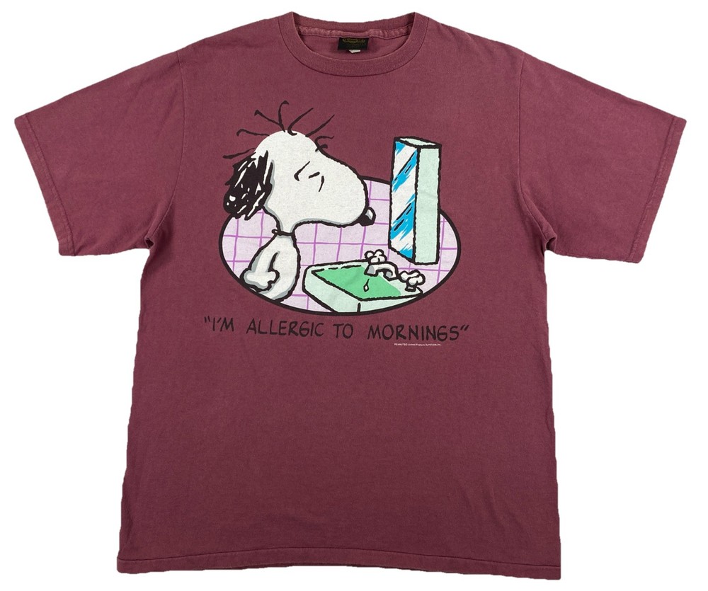 Vintage Peanuts Snoopy I’m Allergic To Mornings T-Shirt Adult Large Purple USA