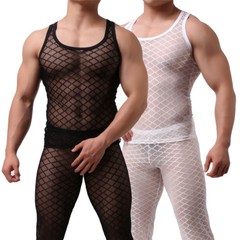 Fetish Mens Underwear Sheer Mesh Muscle T-Shirt Tank Tops Long Johns Trousers