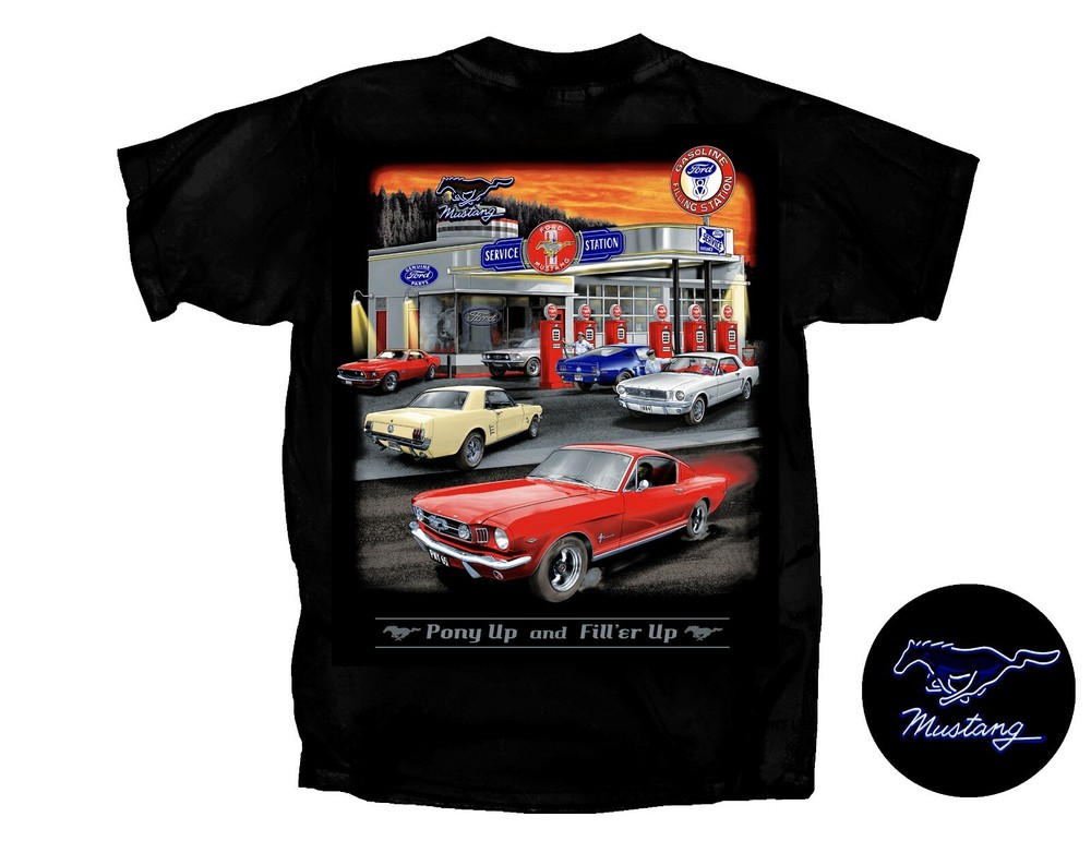 Joe Blow T’s Ford Mustang Gas Station Men’s Black T-Shirt Pony Up 1st Gen