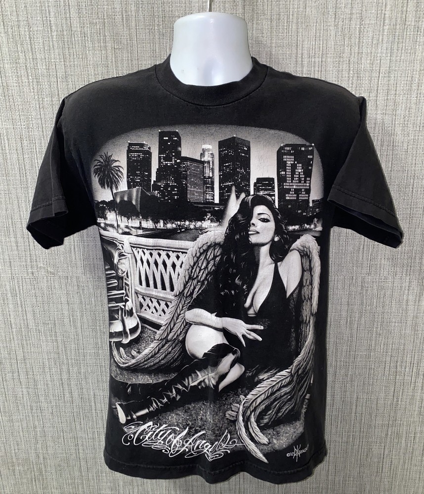DGA Mens Black Graphic Short Sleeve LA City of Angels T-Shirt 19 In Armpit