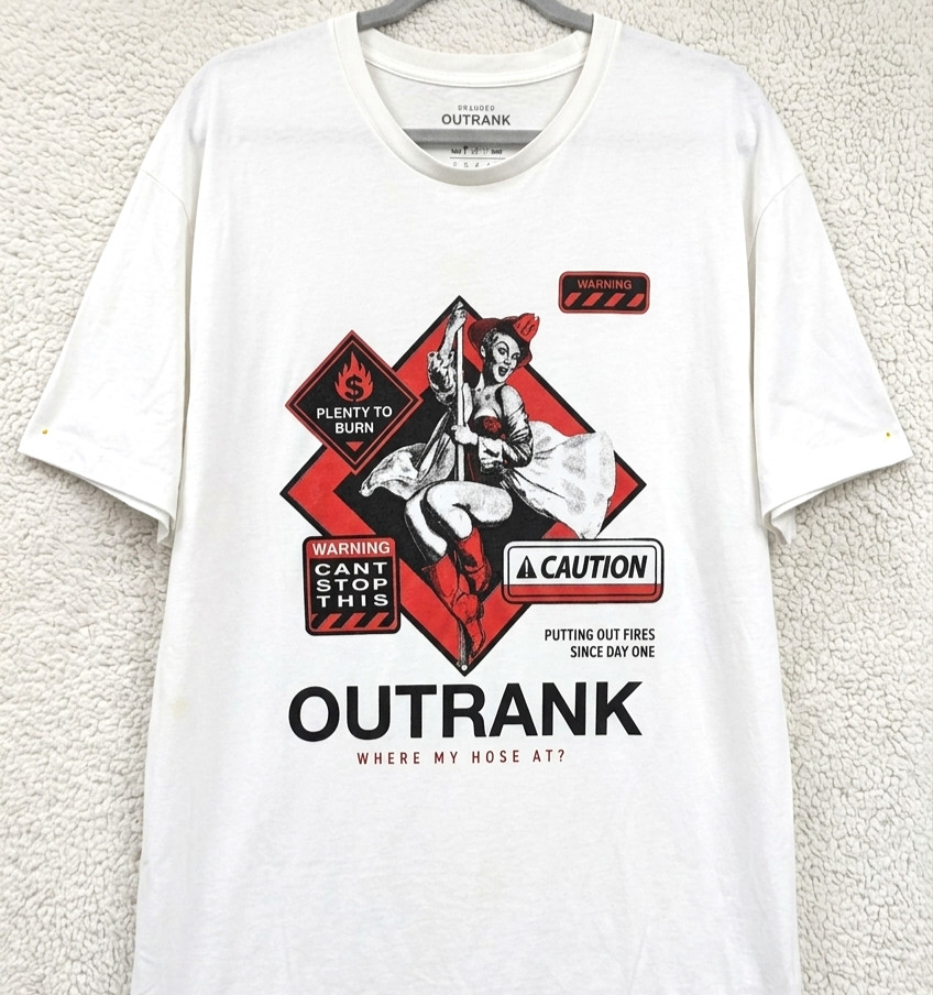 Outrank Men’s 3XL White Graphic T-Shirt Firefighter Pinup “Where My Hose At?