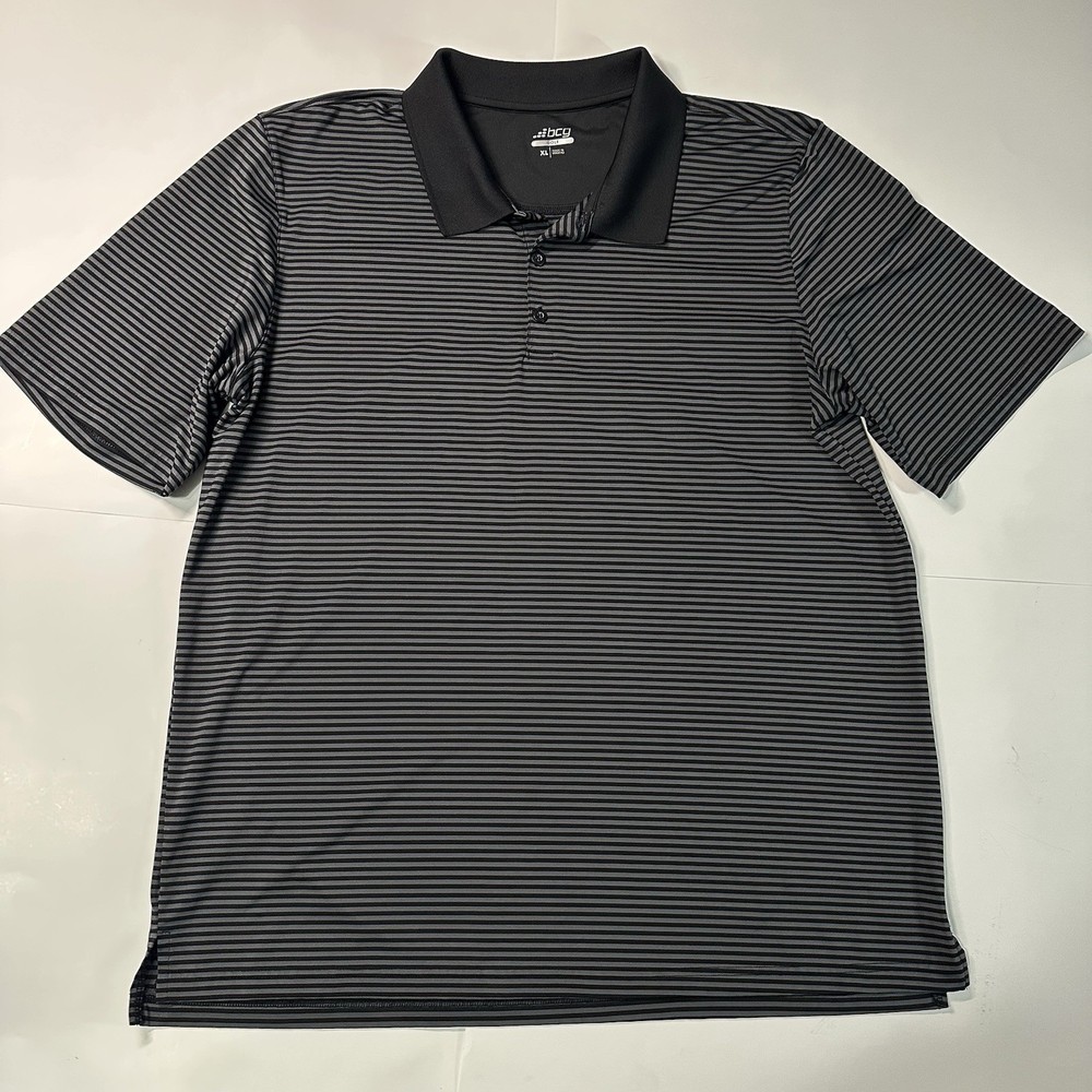 BCG Men’s XL Polo Golf Shirt Performance Striped Black & Grey Collared