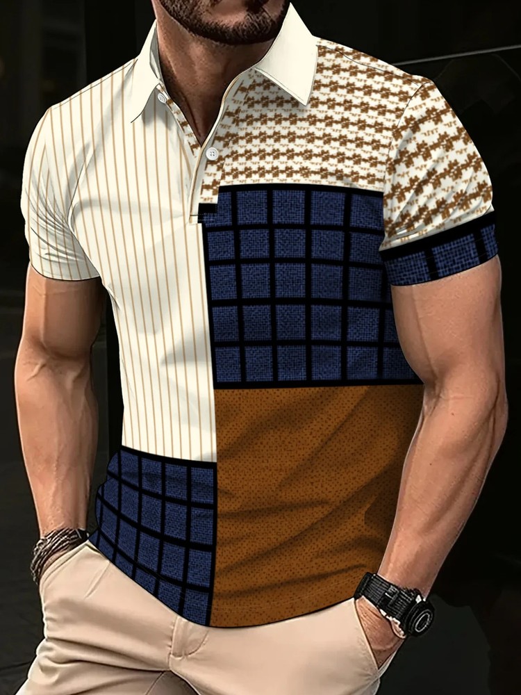 Men’s summer best-selling simple check-patterned printed short-sleeved POLO shir