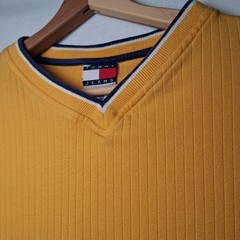 Vintage 1990s Tommy Jeans Shirt Men L Ribbed Knit Gold Long Sleeve V Neck