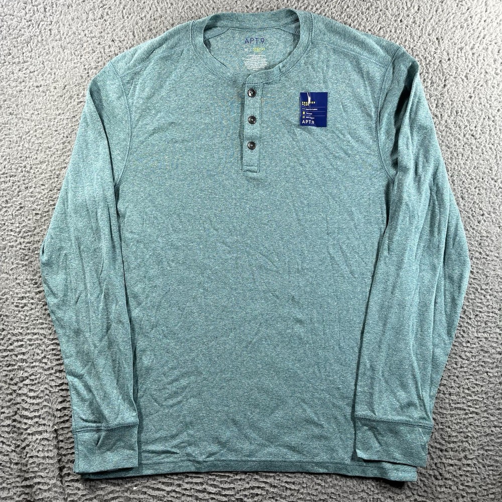 Apt 9 Premier Flex Henley Shirt Mens Medium Blue Heather Long Sleeve Stretch New