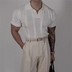 Men Hollow Lapel T Shirt Knitted Texture Fabric Korean Style for Daily Outings