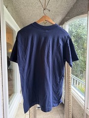 1980s Navy Blue Pocket Flocked Felt Tee Shirt Single Stitch XL Funny Vintage