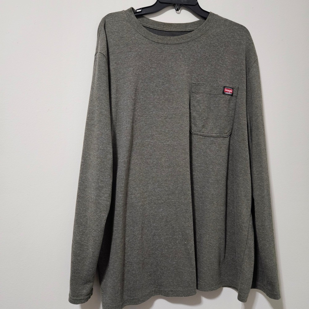 Wrangler Workwear Mens 2XL Long Sleeve Pocket T-Shirt Heather Olive Green Ribbed
