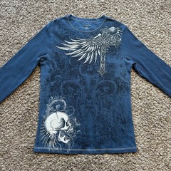 Vintage No Boundaries Thermal Shirt Size L Blue Y2K Skull Cross Wings Cyber Punk