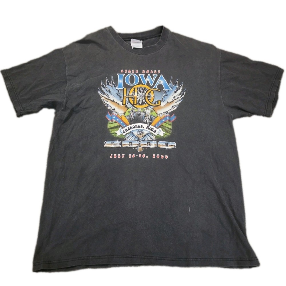 Vintage Harley Owners Iowa Motorcycle Rally 2000 Graphic Double-Sided T-Shirt XL