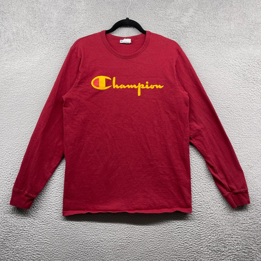 Champion Mens T-Shirt Red Long Sleeve Crew Neck Logo Pullover Cotton Size L