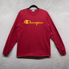 Champion Mens T-Shirt Red Long Sleeve Crew Neck Logo Pullover Cotton Size L