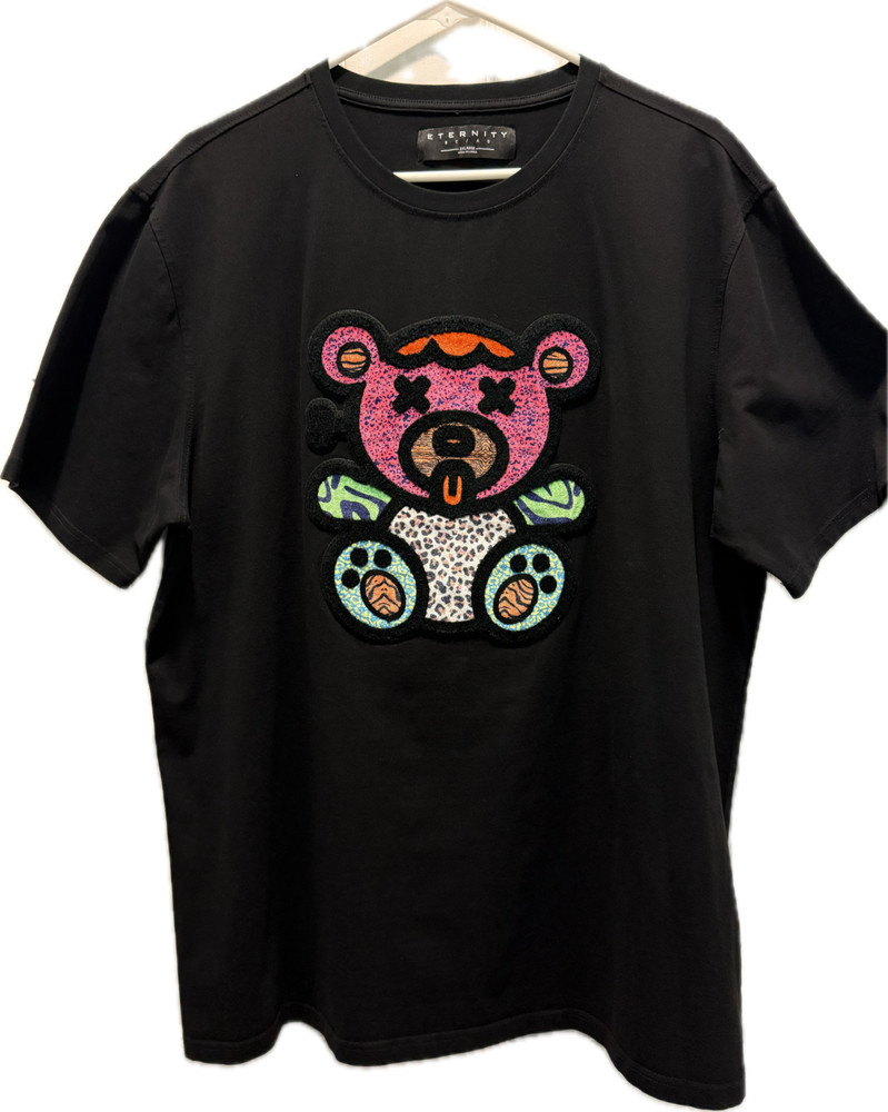 Eternity BC/AD Men’s 2XL Black Fuzzy Embroidered X-Eyed Teddy Bear Cotton Tee