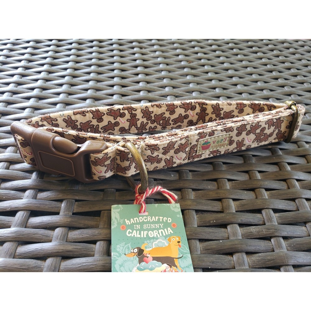 Christmas Dog Collar Gingerbread Man Brown Organic Cotton 15-24″ Large Handmade