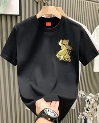 Men’s Luxury Koi Fish Embroidered Cotton T-Shirt Casual Short Sleeve Slim Fit Te